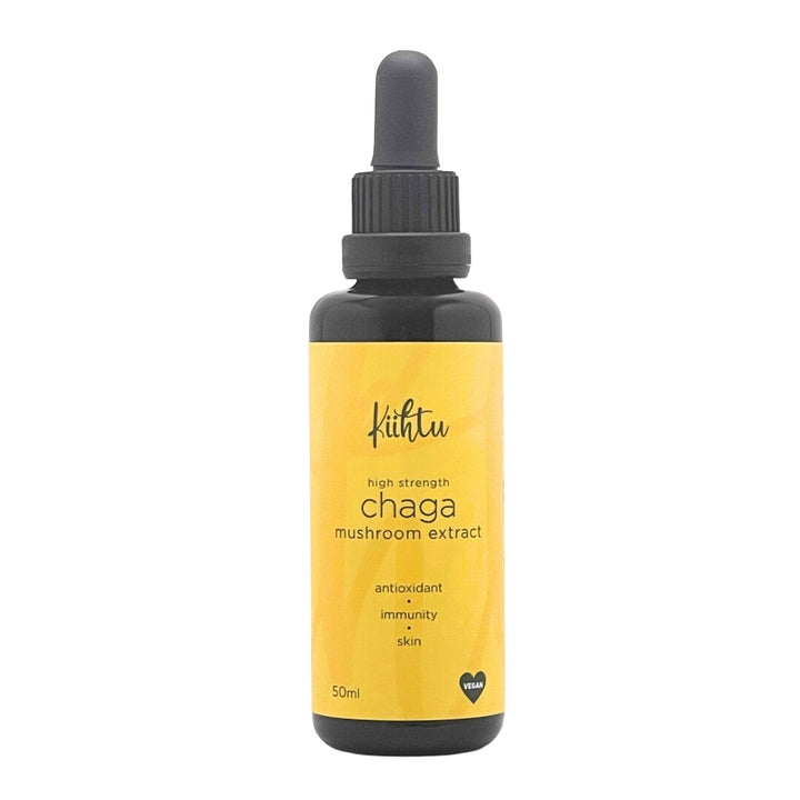 Chaga extract tincture bottle by Kiihtu comes in a 50ml bottle. High Strength Chaga mushroom extract is known as the worlds most powerful antioxidant, supporting your immunity and skin. Chaga by Kiihtu is suitable for vegans. 