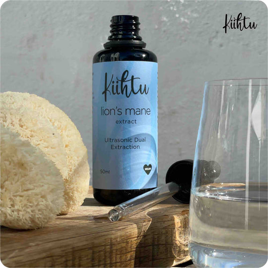 Kiihtu Lion's Mane Mushroom extract bottle placed next to raw Lion's Mane Mushrooms and shown simply being added to a glass of water