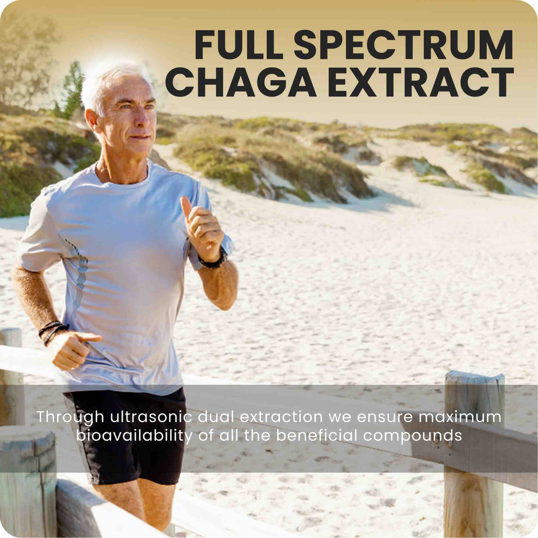 Infographic showing man running on a beach and saying that Kiihtu Chaga Liquid Extract uses an ultrasonic dual extraction for highest bioavailability