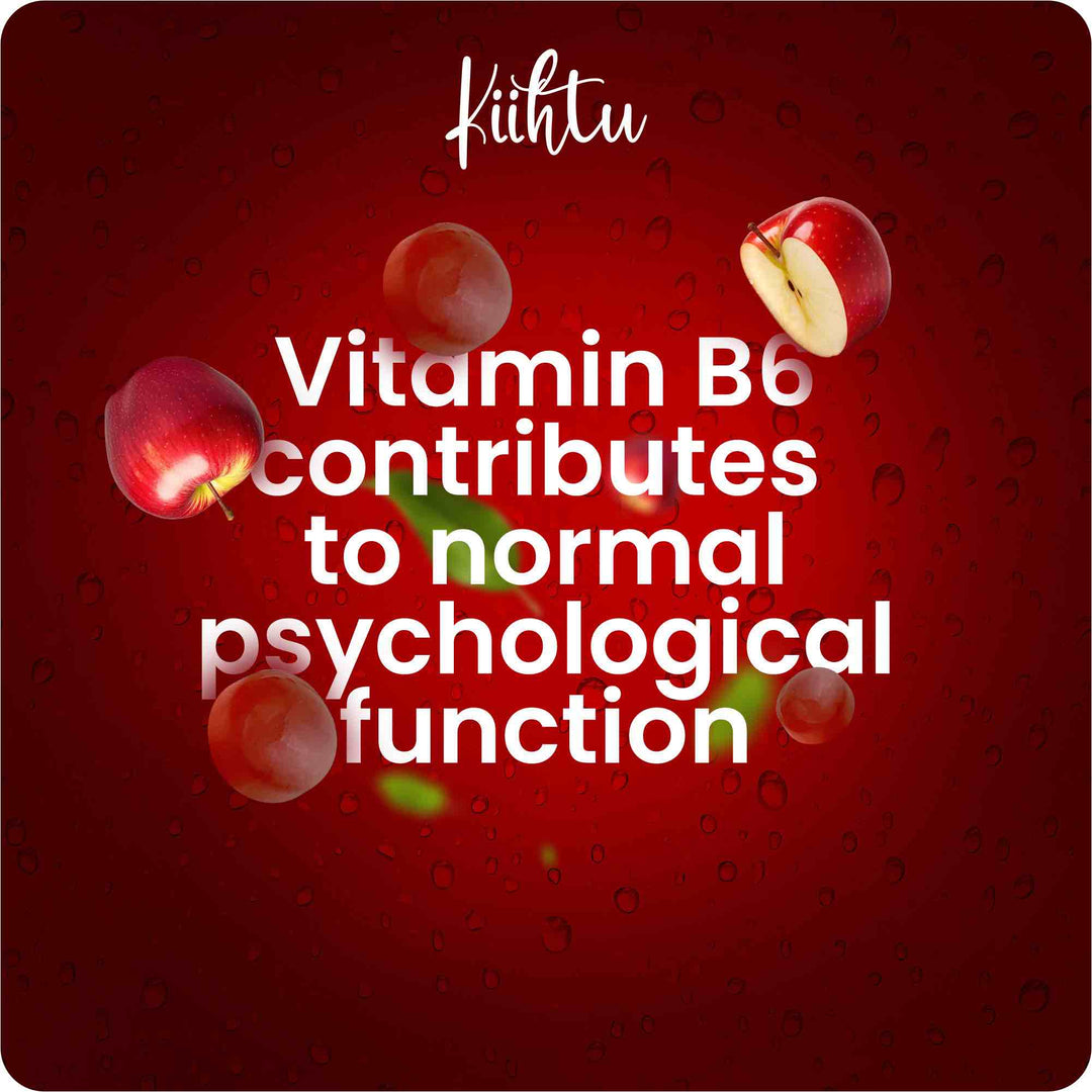 Slide showing that Kiihtu's Ashwagandha Gummies contain Vitamin B6 which supports normal psychological function