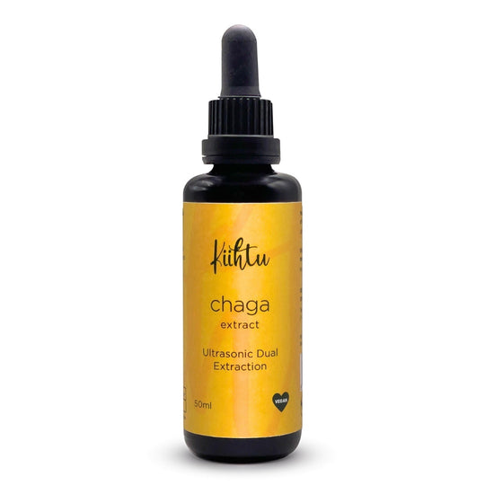 A bottle of Kiihtu ultrasonic dual extraction Chaga mushroom extract in tincture form