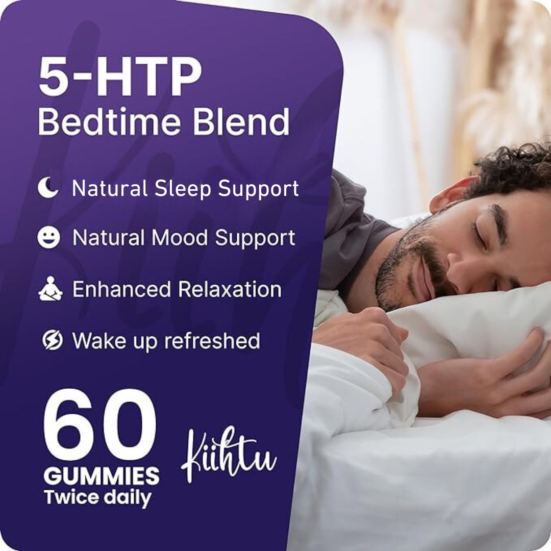 Kiihtu Good Night Gummies are a bedtime blend with 5HTP offering sleep and mood support. Image of man sleeping