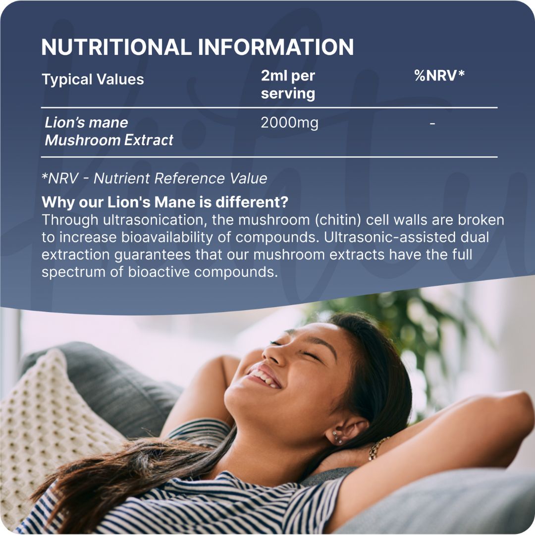 Infographic for Kiihtu Lions Mane Extract showing woman smiling and nutritional information