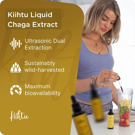 Image of a girl in the kitchen adding kiihtu Chaga mushroom extract tincture to her smoothie next to bullet points to show Kiihtu's Chaga is wild harvested and Dual Extracted for maximum bioavailability
