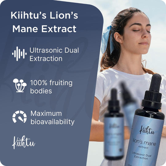 Kiihtu Lions Mane Extract Infographic showing 100% fruiting bodies and maximum bioavailability