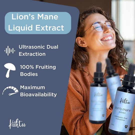 Kiihtu Lions Mane Extract Infographic showing 100% fruiting bodies and maximum bioavailability