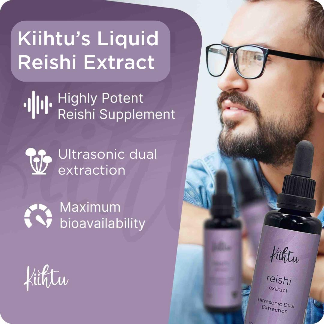 Kiihtu Reishi Extract Infographic showing 100% fruiting bodies and maximum bioavailability