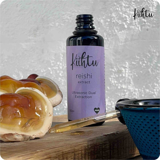 Kiihtu Reishi Mushroom Extract Tincture - Bottle placed next to Reishi Mushrooms and shown simply being added to a glass of water