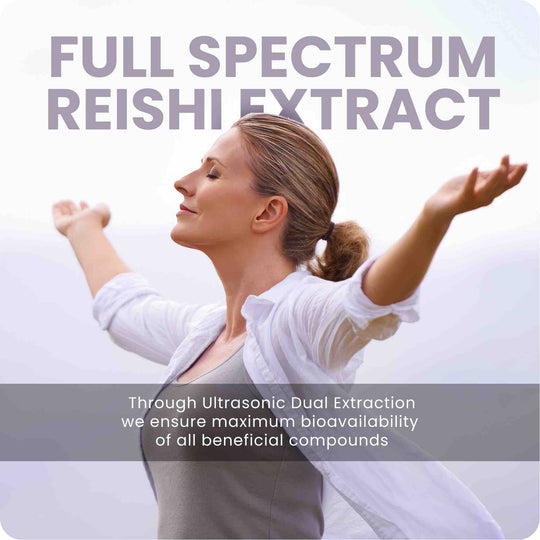 Infographic with woman smiling and relaxed and caption that Kiihtu Reishi extract is ultrasonic dual extraction