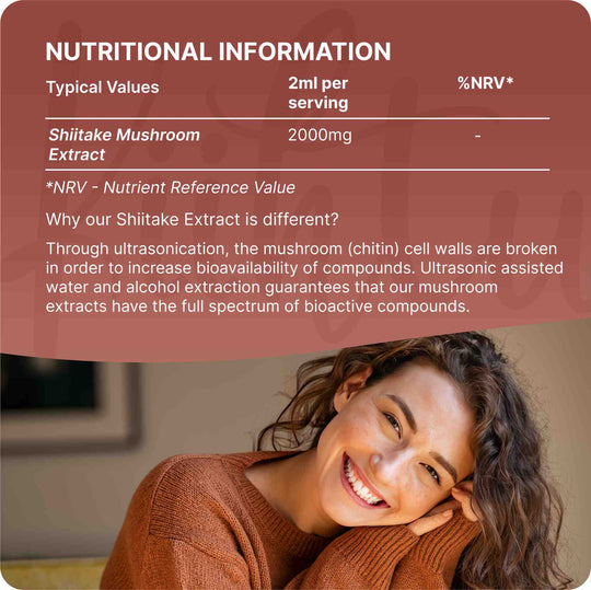 Woman smiling with the nutritional information about Kiihtu Shiitake Mushroom extract