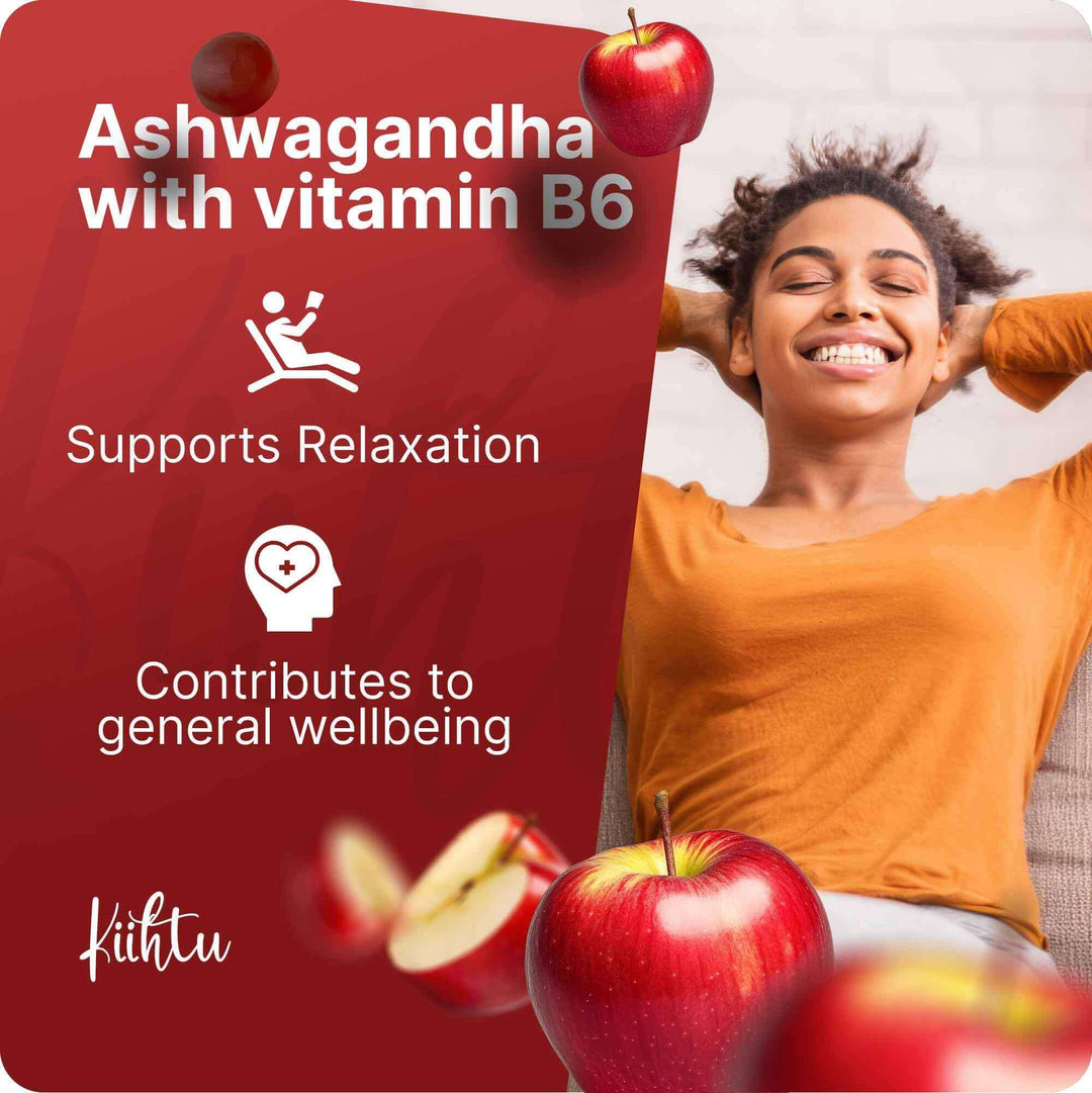 Kiihtu Wellbeing Duo Gummies with Ashwagandha and vitamin B6 support relaxation and contribute to general wellbeing. Woman smiling and looking relaxed
