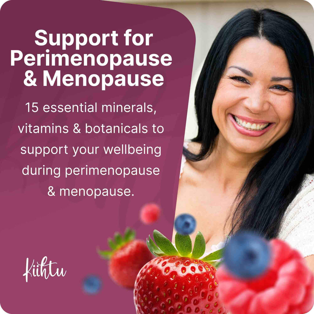 Infographic showing Kiihtu Menopause Essentials Gummies contain 15 minerals, vitamins ad botanical extracts to support wellbeing during menopause