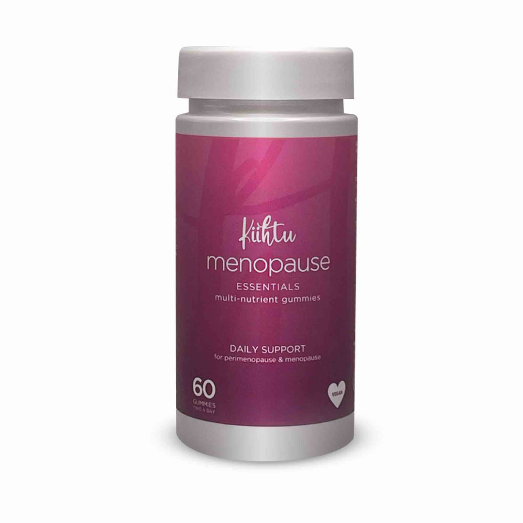 Image of bottle of Menopause Essentials Gummies by Kiihtu showing dily support for perimenopause and menopause