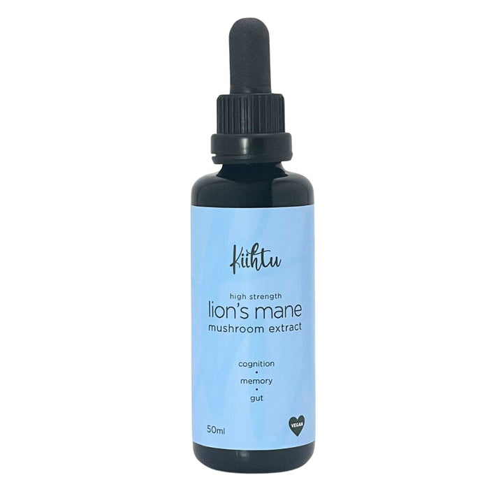 Kiihtu Lion's Mane Extract Tincture comes in a 50ml dark glass bottle.  High Strength Lion's Mane mushroom extract is know to support cognition, memory and support your gut. Lion's Mane tincture bottle is suitable for vegans.  
