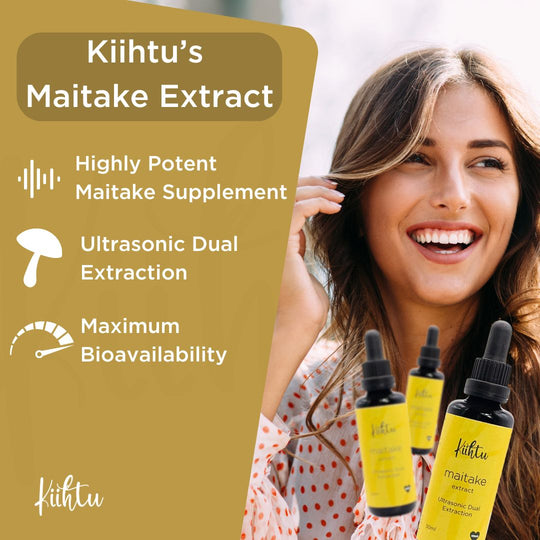 Kiihtu Maitake Extract Infographic showing 100% fruiting bodies and maximum bioavailability