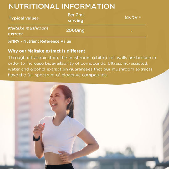 Infographic for Kiihtu Maitake Extract showing woman smiling and nutritional information