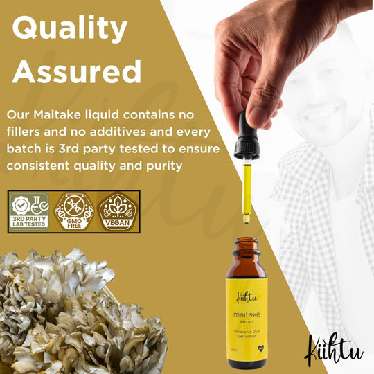 Quality assurance statement showing Kiihtu Maitake Extract is 3rd part tested, GMO Free and Vegan