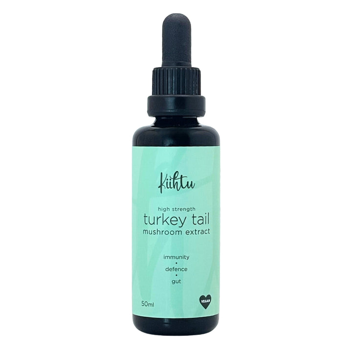 Glass tincture bottle of high strength Turkey Tail mushroom extract by Kiihtu. Turkey is known to support immunity, offer your body defence and known to support your gut. There is 50ml liquid Turkey Tail extract in this tincture bottle which is suitable for vegans. 