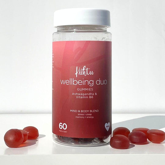 The Kiihtu Wellbeing Duo Gummies are especially formulated for your mind and body.  Containing Ashwagandha and vitamin b6 as two of the core ingredients, this blend is to support reducing stress, helping you sleep, supporting memory and supporting energy. There are several Wellbeing Duo gummies scattered around the bottle to help show you how tasty and easy they are to take. 